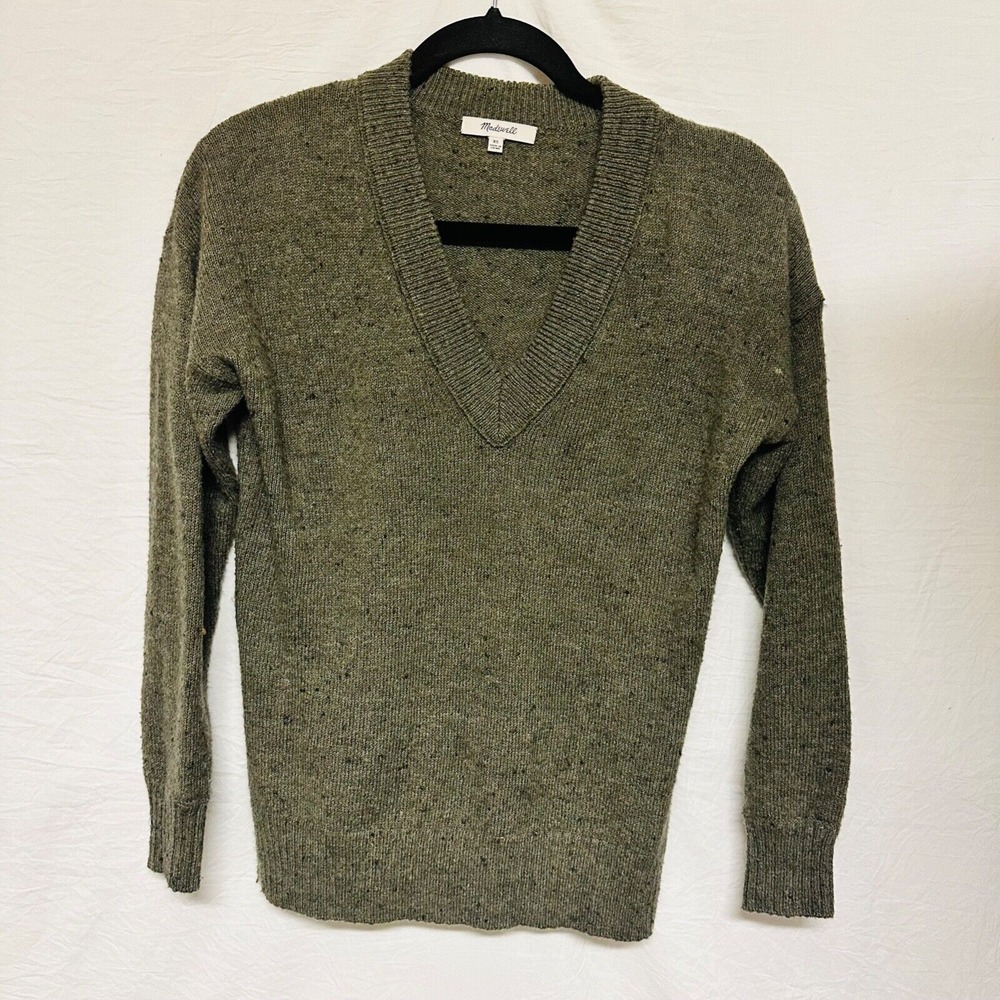 Madewell Wool Long Sleeve Pull Over Sweater Size XS Grey Ribbed V-neck Soft Warm